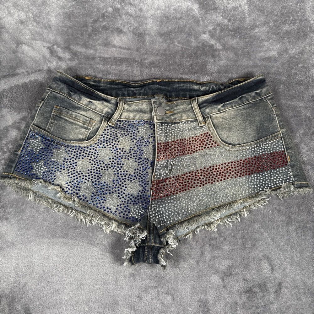 Romwe American Flag Y2K Grunge Shorts Patriotic Rhinestone Denim Jean Size 12/XL